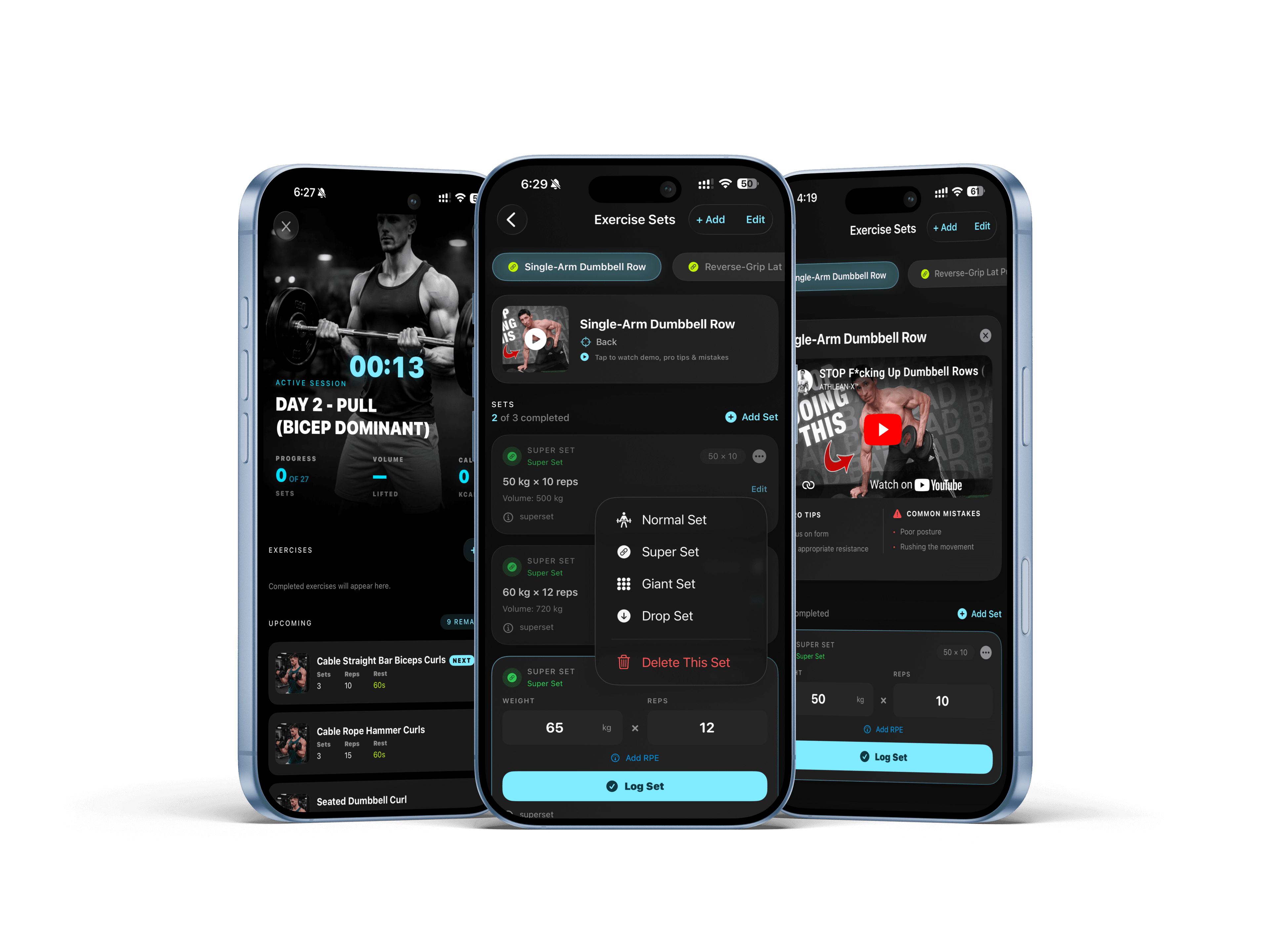 Live workout logging screen with sets and active tracking